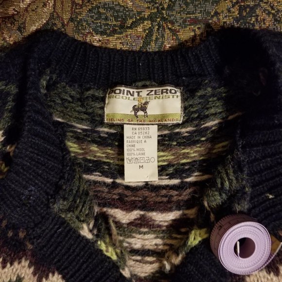 Fair Isle navy-black/beige/green wool cardigan M, (L), Point Zero Nicole Benisti - Picture 7 of 11